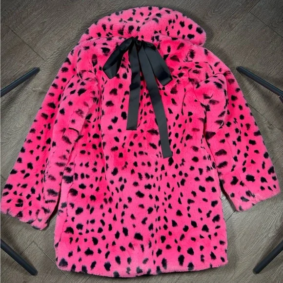Lazy Oaf Hot Pink Faux Fur Pea Coat with Black Spot Print and Bow - Picture 8 of 9